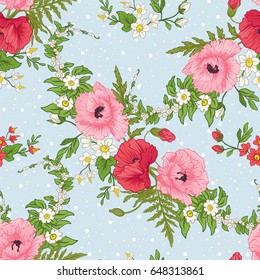 Seamless pattern with poppy flowers, daffodils, anemones, violets in botanical vintage style. On blue background with white polka dots. Stock line vector illustration.