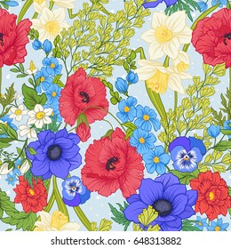 Seamless pattern with poppy flowers, daffodils, anemones, violets in botanical vintage style. On blue background with white polka dots. Stock line vector illustration.