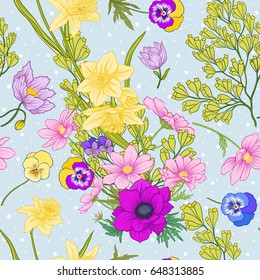 Seamless pattern with poppy flowers, daffodils, anemones, violets in botanical vintage style. On blue background with white polka dots. Stock line vector illustration.