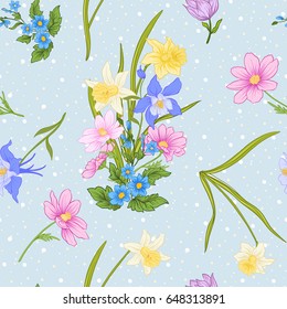 Seamless pattern with poppy flowers, daffodils, anemones, violets in botanical vintage style. On blue background with white polka dots. Stock line vector illustration.