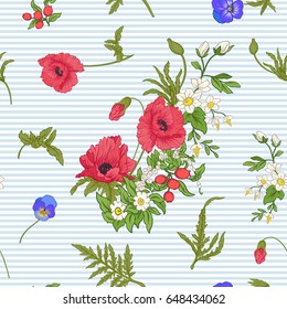 Seamless pattern with poppy flowers, daffodils, anemones, violets in botanical vintage style. On blue and white stripes background . Stock line vector illustration.