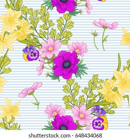 Seamless pattern with poppy flowers, daffodils, anemones, violets in botanical vintage style. On blue and white stripes background . Stock line vector illustration.