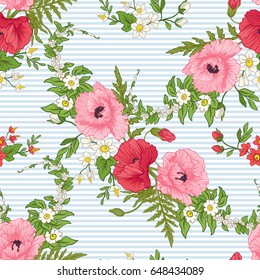 Seamless pattern with poppy flowers, daffodils, anemones, violets in botanical vintage style. On blue and white stripes background . Stock line vector illustration.