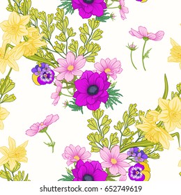 Seamless pattern with poppy flowers, daffodils, anemones, violet