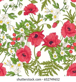 Seamless pattern with poppy flowers, daffodils, anemones, violet