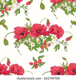 Seamless pattern with poppy flowers, daffodils, anemones, violet
