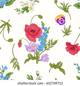 Seamless pattern with poppy flowers, daffodils, anemones, violet
