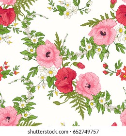 Seamless pattern with poppy flowers, daffodils, anemones, violet