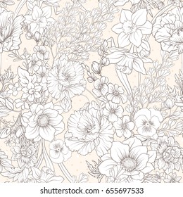 Seamless pattern with poppy flowers, daffodils, anemones, violets in botanical vintage style. On beige background. Stock line vector illustration.