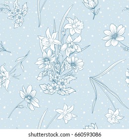 Seamless pattern with poppy flowers, daffodils, anemones, violet