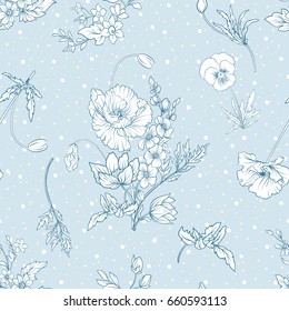 Seamless pattern with poppy flowers, daffodils, anemones, violet