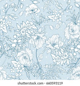 Seamless pattern with poppy flowers, daffodils, anemones, violet