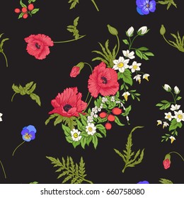 Seamless pattern with poppy flowers, daffodils, anemones, violet