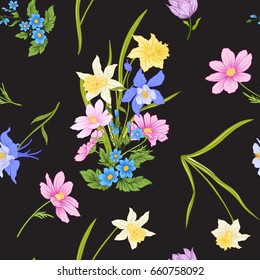 Seamless pattern with poppy flowers, daffodils, anemones, violet