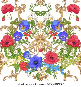 Seamless pattern with poppy flowers, daffodils, anemones, violets in botanical vintage style with rococo decor on white background . Stock line vector illustration.