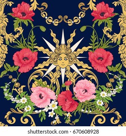 Seamless pattern with poppy flowers, daffodils, anemones, violet