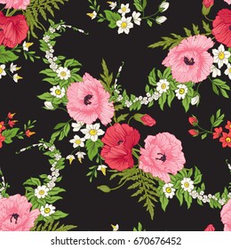 Seamless pattern with poppy flowers, daffodils, anemones, violet