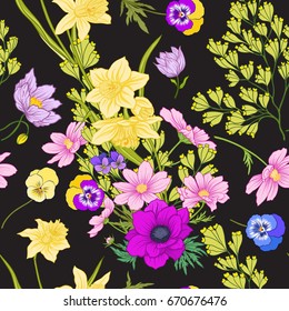 Seamless pattern with poppy flowers, daffodils, anemones, violet