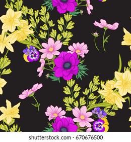 Seamless pattern with poppy flowers, daffodils, anemones, violet