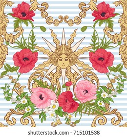 Seamless pattern with poppy flowers, daffodils, anemones, violet