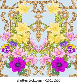 Seamless pattern with poppy flowers, daffodils, anemones, violet