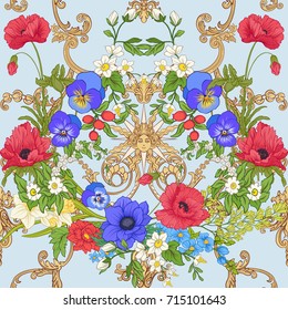 Seamless pattern with poppy flowers, daffodils, anemones, violet