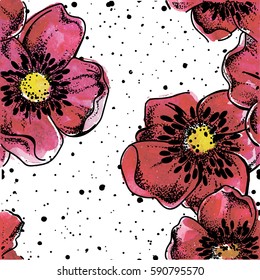 
Seamless pattern with poppy flowers. Drawing watercolor. Spray paint. Drawing by hand in vintage style.