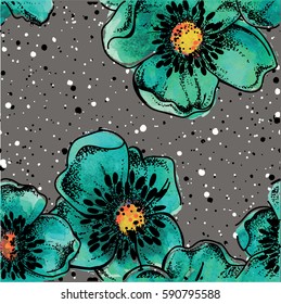Seamless pattern with poppy flowers. Drawing watercolor. Spray paint. Drawing by hand in vintage style.