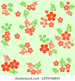 Seamless Pattern, poppy flowers with green leaves and petals, light green background, cute and beautiful.