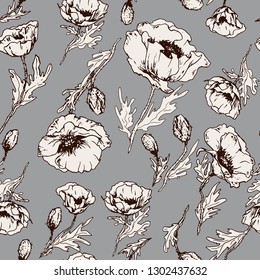 Seamless pattern with poppy flowers. Hand drawn vector on gray background.