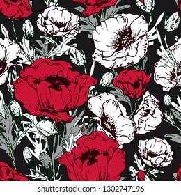 Seamless pattern with poppy flowers. Hand drawn vector on black background.
