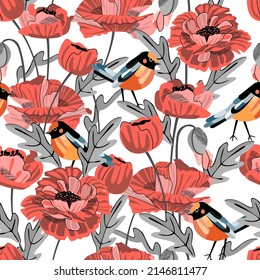 Seamless pattern with poppy flowers and leaves and cute birds.Floral background and texture for printing on fabric and paper.Vector cartoon isolated illustration for design cards,cover.