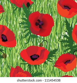 Seamless pattern with poppy flowers on grass background, vector floral illustration
