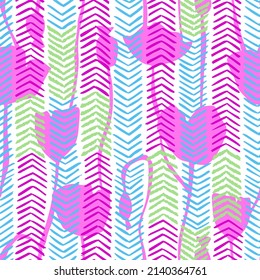 Seamless pattern with poppy flowers on abstract colorful zig zag lines. Chevron ornament overlapped by floral silhouettes. Hand drawn striped simple geometric fashion print.