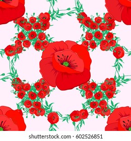 Seamless pattern with poppy flowers on a beige background, vector floral multicolored illustration in vintage style.