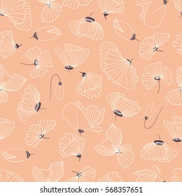 Seamless pattern with poppy flowers silhouette. Vector hand drawn illustration