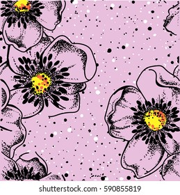Seamless pattern with poppy flowers. Spray paint. Drawing by hand in vintage style.