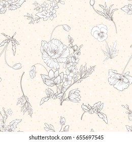 Seamless pattern with poppy flowers, violets in botanical vintage style. On beige background. Stock line vector illustration.
