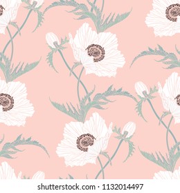 Seamless pattern with poppy, Peonies or roses flowers