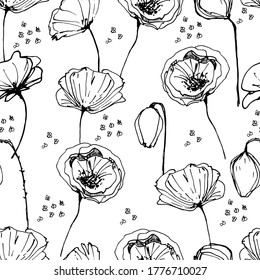 Seamless pattern with poppy, red flower, wild plants. Coloring book for children and adults with a red delicate poppy at different angles. manual graphics. isolate. For textile, wallpaper, design.