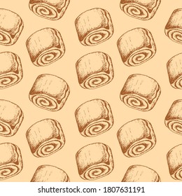 Patrón sin foco con pan de semillas de amapola y chocolate. Producto de panadería. Para imprimir papel envolvente, embalaje, tela. Diseño de estilo vintage. Ilustración vectorial dibujada a mano.
