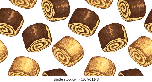 Seamless Pattern with poppy seed bun and chocolate. Bakery product. For printing wrapping paper, packaging, fabric. Vintage style design. Hand Drawn vector illustration.