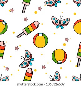 Seamless Pattern of Popsicle, Butterfly, and beachball hand drawn in cute colorfull doodle vector
