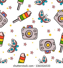 Seamless Pattern of Popsicle, Butterfly, and pocket camera hand drawn in cute colorfull doodle vector
