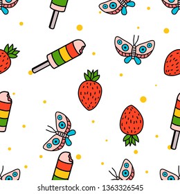 Seamless Pattern of Popsicle, Butterfly, and Strawberry hand drawn in cute colorfull doodle vector