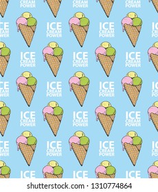 Seamless pattern with popsicle ice cream and a horn in the style of doodle. Hand drawing. blue background