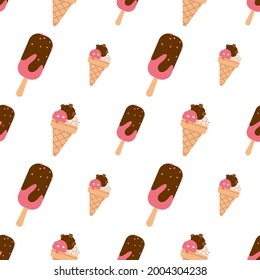 Seamless pattern with popsicle ice cream with chocolate and waffle cup. A cute summer print with a cold dessert. Festive decoration for textiles, wrapping paper and designs