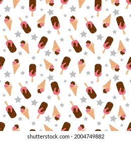 Seamless pattern with popsicle ice cream with chocolate, waffle cup and silver stars. A cute summer print with a cold dessert. Festive decoration for textiles, wrapping paper and designs