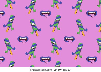 Seamless pattern with popsicle ice cream and smilling mouth. Psychedelic retro groovy style design for fabric, textile, wrapping paper, background. Trendy funny cartoon vector illustration.
