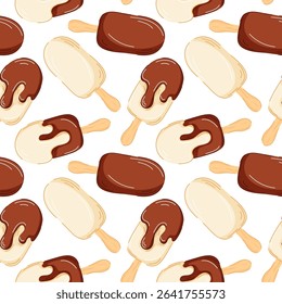 Seamless pattern with popsicle ice cream vanilla and chocolate in cartoon style. Illustration isolated on a white background.